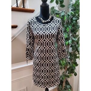 Mudpie Women Black & White Polyester Round Neck Long Sleeve Knee Length Dress S